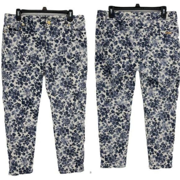 Michael Kors Izzy Skinny High Waisted Skinny‎ Crop Ankle Pants Blue Floral Sz 10 - Picture 2 of 13